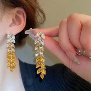 Neu Luxus Design gelb Kristall Blatt Tropfen Quaste Ohrringe Damen Party Schmuck - Bild 1 von 7