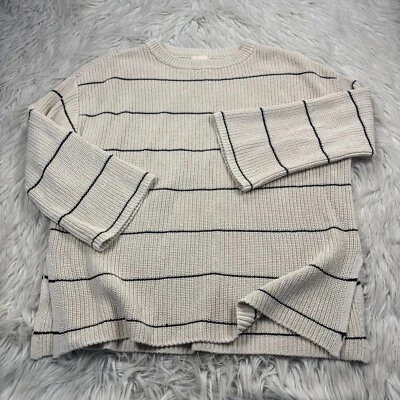 H&M Women's S Loose Ivory Black Striped 100% Cotton Wide Sleeve Pullover Sweater - Image 1 of 4