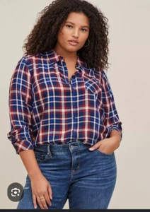 Torrid Lizzie Rayon Twill Plaid Button Front Shirt Blue Red Womens Sz 2/2XL - Picture 1 of 4