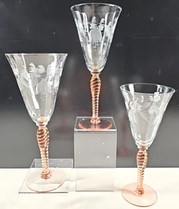 3 Louie Glass Floral Water Goblets Set Depression Optic Etched Pink Stemware Lot - Picture 1 of 24