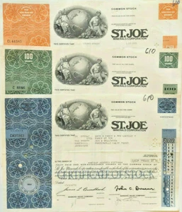 Juego de 3 certificados de acciones mineras de St. Joe Minerals Corporation de Nueva York - Imagen 1 de 1