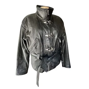 M.G.R 90s Black Leather Moto Jacket with Silver Hardware and removable belt L - Picture 1 of 10
