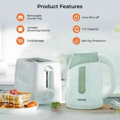 2 Slice Toaster & Illuminating Electric Kettle Combo Set 1.7L Cordless Jug White - Image 1 of 4