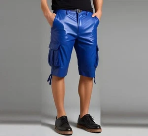 Men's Blue Six Pockets leather Shorts| Genuine Sheepskin leather Cargo Shorts 34 - Picture 1 of 4