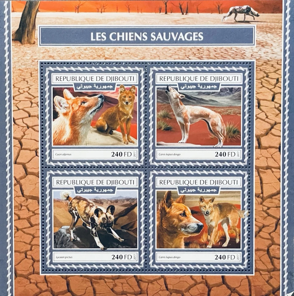 Hoja de estampillas de perros salvajes de DJIBOUTI 2017 MNH ANIMALES SALVAJES VIDA SILVESTRE DHOLE DINGO DOG Foto 1 de 1