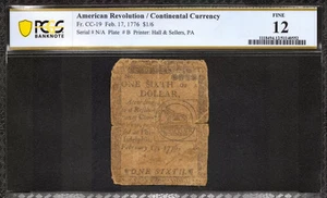 1776 $1/6 CONTINENTAL CURRENCY FR.CC-19 AMERICAN REVOLUTION NOTE PCGS 12 F (552) - Picture 1 of 2