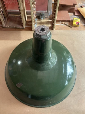 Antique Enamel And Metal Shop Light 18” Green And White - Image 1 of 4