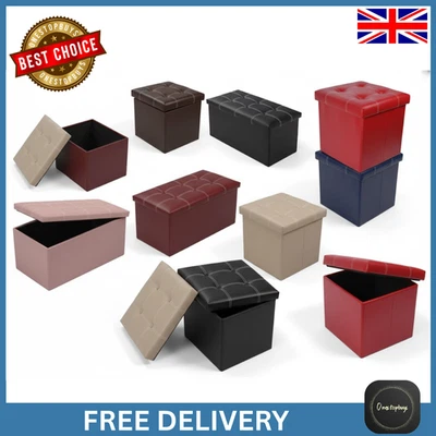Foldable Storage Ottoman Box Faux Leather Pouffe Footstool Heavy Duty Seat - Image 1 of 4