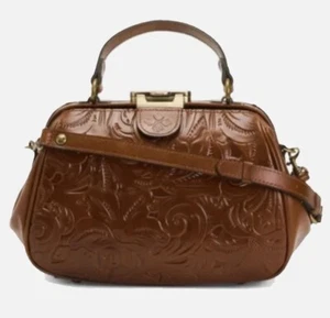 PATRICIA NASH GRACCHI TAN FLORENCE LEATHER SATCHEL CROSSBODY/PURSE ROSE TOOLED - Picture 1 of 9