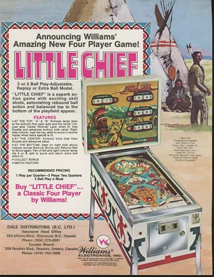 Williams Electronics Little Chief Pinball Brochure by Dale Distributing - Image 1 of 2