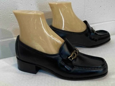 Sz 6 NOS Vtg 70s Mod Loafers Shoe Block Heel Black Leather Delmar Slip-On Belted - Image 1 of 4