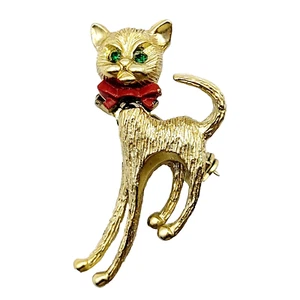 Whimsical Cat Moving Head Gold Tone Brooch Pin Green Rhinestone Eyes Red Bow - Picture 1 of 18