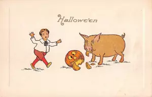 EMBOSSED HALLOWEEN PC, PIG EATS A JOL SCARING A BOY, GIBSON ART CO PUB u. 1910s - Picture 1 of 3