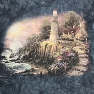 Thomas Kinkade Blue Tie Dye Lighthouse & Nature Graphic Tee Shirt Medium Read - Picture 1 of 7
