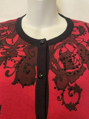 Samantha Grey Women’s Small Red and Black Floral Cardigan Sweater Beaded Design - Image 1 of 4