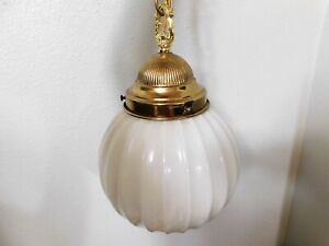 Vintage Swag Lamp Ribbed Glass Globe Hanging Ceiling Pendant Light