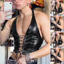 Men's Sleeveless Punk Faux Leather Crop Tops V Neck Lace Up Sexy Party Tank Tops