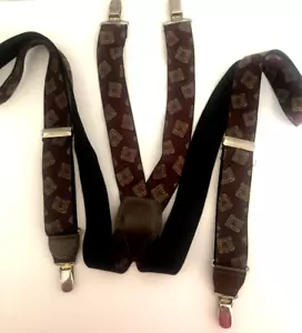 Vtg CAS GERMANY Men Burgundy Red Geometric PRINT Elastic SUSPENDERS Leather - Picture 1 of 6