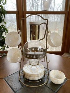 Vintage MCM Corning Coffee Set Carafe Warmer Gold Swirl Cups Saucers w/ Caddy - Picture 1 of 12