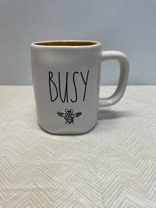 Rae Dunn Artisan Collection BUSY BEE Magenta Farmhouse White Yellow Coffee Mug - Picture 1 of 4