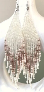 Hand Beaded Warm White Copper Gradient Chandelier Tassel Dangle Earrings New - Picture 1 of 2