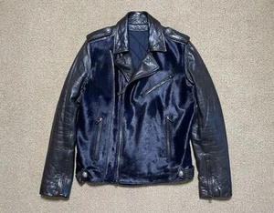 Men’s Balmain Leather Pony Hair Biker Jacket Black/Blue IT 54 US XXL - Picture 1 of 18