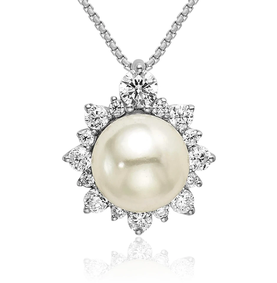 14K Solid White Gold Lab Diamond Freshwater Cultured Pearl Chain Slide Necklace - Image 1 of 1