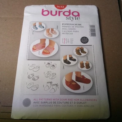 S53- Burda Style 9512, Doll Shoes Pattern, ki CT One Size Uncut - Image 1 of 2