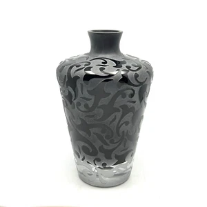 Michael Weems Elise Vase Black Charcoal Frosted Etched Glass Signed 8 5/8 - Picture 1 of 9