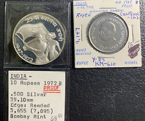 India -1972 10 R Silver Pr Km625 & 1969 1 Rupee /Rare Mahatma Gandhi Proof Km610
