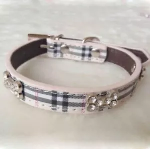 Hundehalsband Strass Kunstleder Halsband Luxus Beige Plaid Groß Schick L NEU OVP - Bild 1 von 3