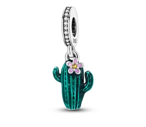 Genuine Sterling Silver 925 Cactus Flower charm Mexican Green Flower Plant Love - Picture 1 of 2