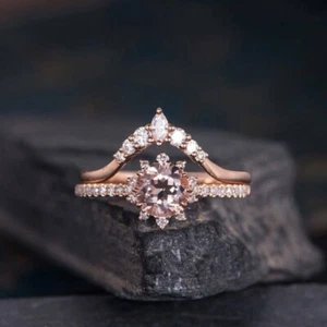 2Ct Round Simulated Morganite Bridal Set Wedding Ring 14k Rose Gold Plated - Picture 1 of 4
