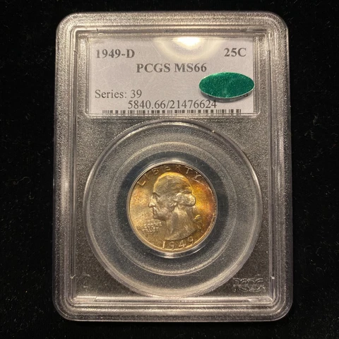 1949 D Washington Quarter PCGS MS66 Rainbow Toned 25c Silver 25 Cent Dollar CAC Cover