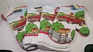 4 Piece Rooster & Farm Truck Decor Kitchen Set: 2 Tea Towels & 2 Oven Mitts New - Picture 1 of 12