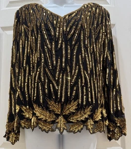 Blusa vintage negra de seda con cuentas lentejuelas doradas medianas manga larga hecha a mano años 80 - Imagen 1 de 19