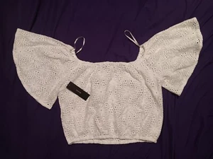 Lulus Sunshine White Eyelet Off the Shoulder Crop Top SIZE L US NWT - Picture 1 of 10