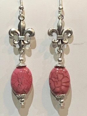 50% Off *ELEGANT HANDCRAFTED CORAL TURQUOISE SILVER FLEUR D'LIS DROP EARRINGS - Image 1 of 4