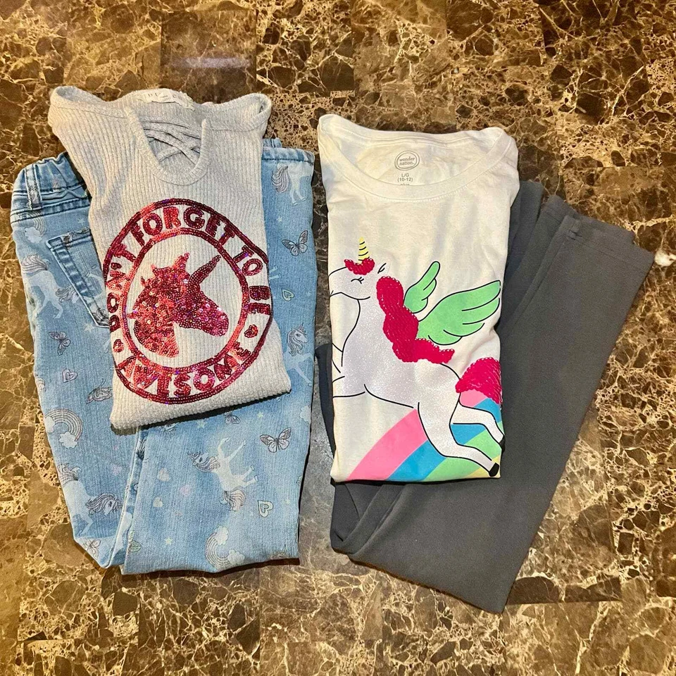 Lote de 10 camisas jeans leggings suéter unicornio lentejuelas brillo Justice Girls Foto 1 de 4