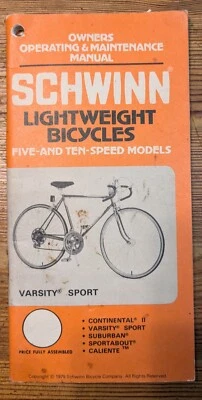 Schwinn Owners Manual Copyright 1979 Varsity Continental II Suburban Caliente - Image 1 of 3