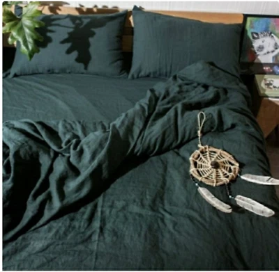 Forest Green Washed Linen Duvet Cover With Pillow Cases Solid Duvet cover Set - Image 1 of 4