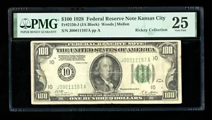 DBR 1928 $100 Kansas City Numeral Fr. 2150-J PMG 25 Serial J00011197A - Picture 1 of 2