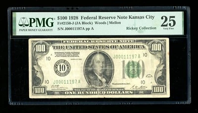 DBR 1928 $100 Kansas City Numeral Fr. 2150-J PMG 25 Serial J00011197A - Image 1 of 2