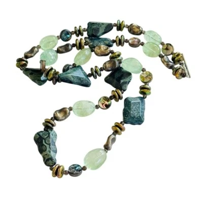 Necklace VTG Natural stone kambaba jasper prehnite abalone BOHO chunky Beads 36" - Image 1 of 4