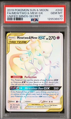 Pokemon Card PSA 10 Graded - Mewtwo & Mew GX 242/236 - Unified Minds Secret Rare - Image 1 of 3
