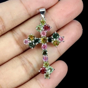 925 Sterling Silver Pendant Round Tourmaline Natural Gemstone Cross Jewelry - Picture 1 of 13