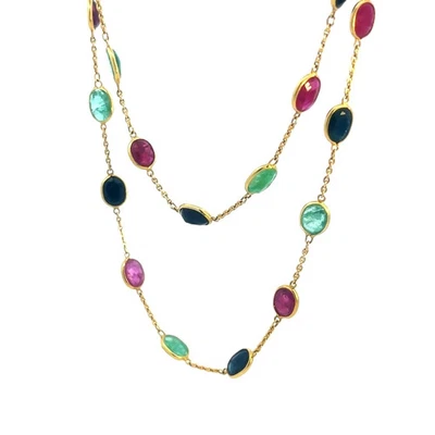 Collar Rubí Zafiro Esmeralda Oro 16k Amarillo Ovalado Conjunto Por Yarda Estilo Foto 1 de 4