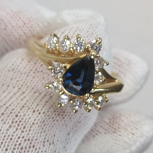 Anillo Vintage Oro Amarillo 14k Fino Zafiro Azul y Diamantes Blancos Talla 6.5 Foto 1 de 4