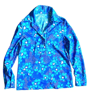 Vintage Blue Flower Patterned Retro Polyester Blouse 60s/70's Unique Rare - Image 1 of 4