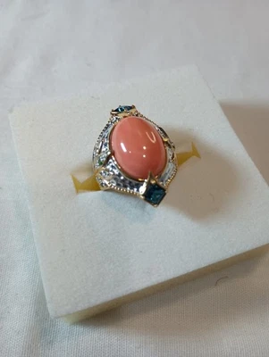 Gems en Vogue Sterling & Gold Embraced Coral & London Blue Topaz Ring Size 7 NIB - Image 1 of 4